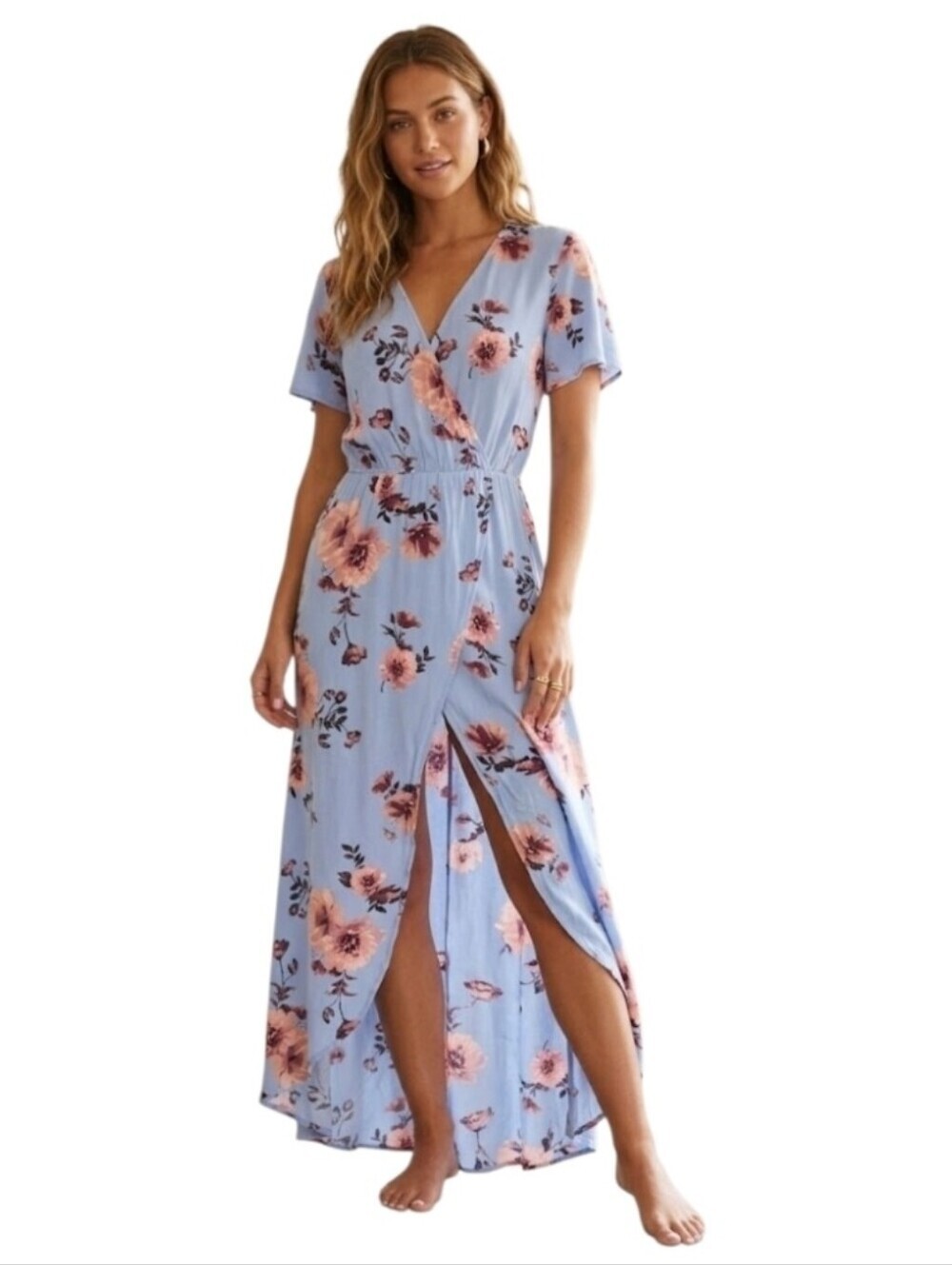 Mi Ami Blue Maxi Romper Dress with Pink Floral Print